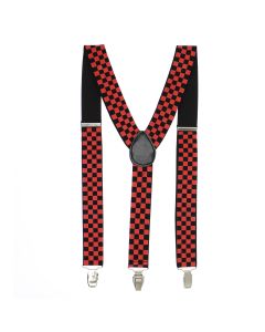 Bretele adulti unisex, Buticcochet,  inchizatori metalice, 35 mm, model cu patratele, Rosu cu negru - BR486
