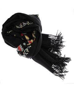 Esarfa de dama, din lana, Buticcochet, model cu broderie, 70x190 cm, Negru - ES3208