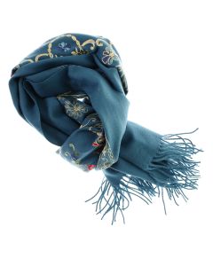 Esarfa de dama, din lana, Buticcochet, model cu broderie, 70x190 cm, Albastru - ES3219