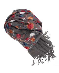 Esarfa dama, din lana, Buticcochet, 70x180 cm, model cu boderie, Gri - ES3466