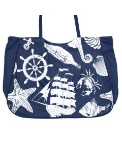 Geanta de plaja, din material sintetic, ButicCochet, 36x45x11 cm, imprimeu marin, Bleumarin cu alb - GND198