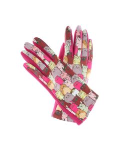 Manusi dama, de iarna, din 70% viscoza 30% lana, ButicCochet, cu degete, imprimeu cu pisici, One size, Fucsia - MA189