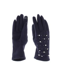Manusi dama, de iarna, din material sintetic si bumbac, cu degete, model cu perlute, one size, Bleumarin - MA315