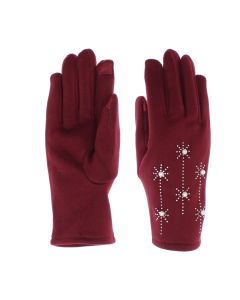 Manusi dama, de iarna, din material sintetic, cu degete, one size, model cu perle si strasuri, Visiniu - MA385
